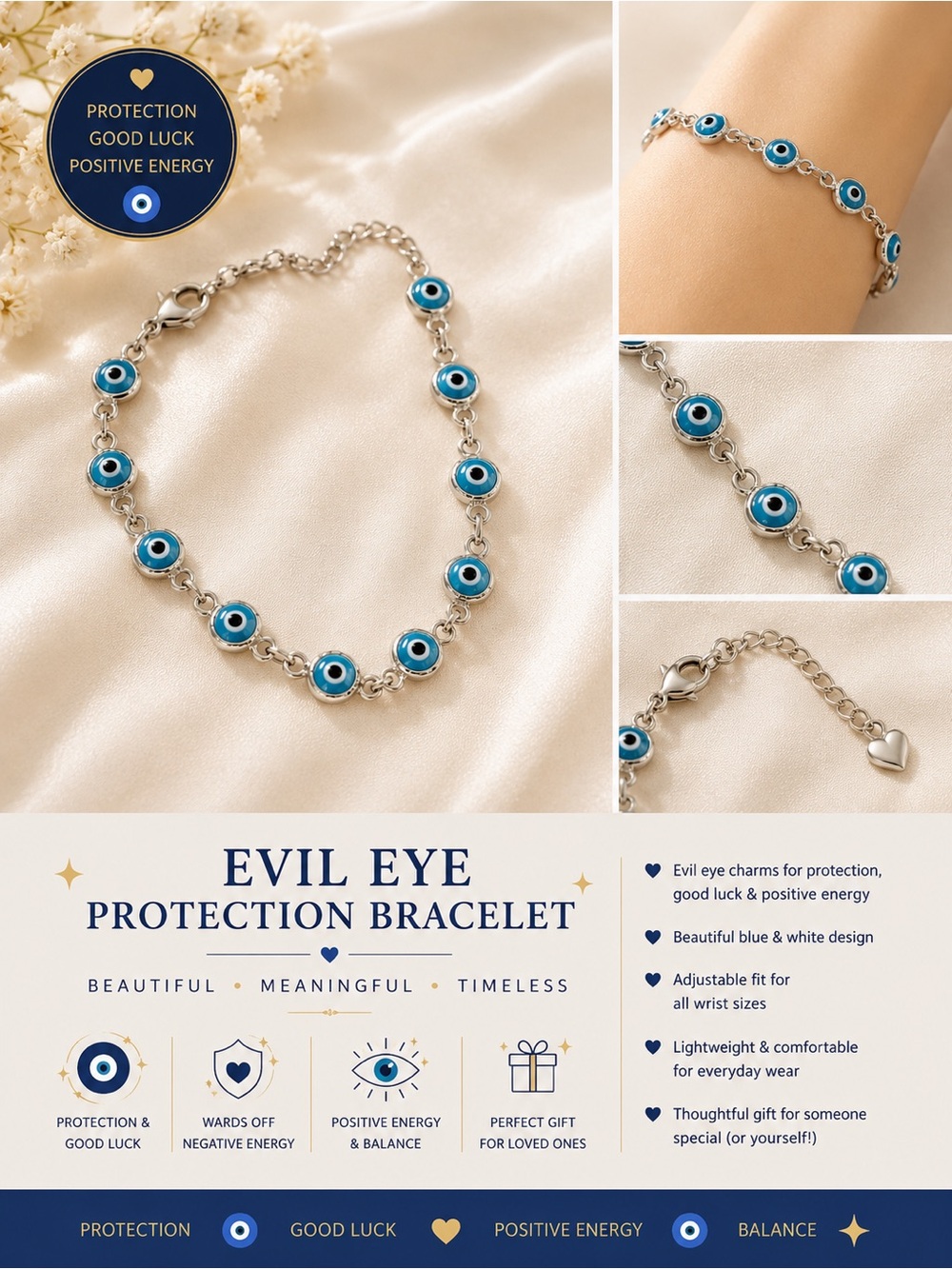 Evil Eye Protection Bracelet for Women - Blue & Silver